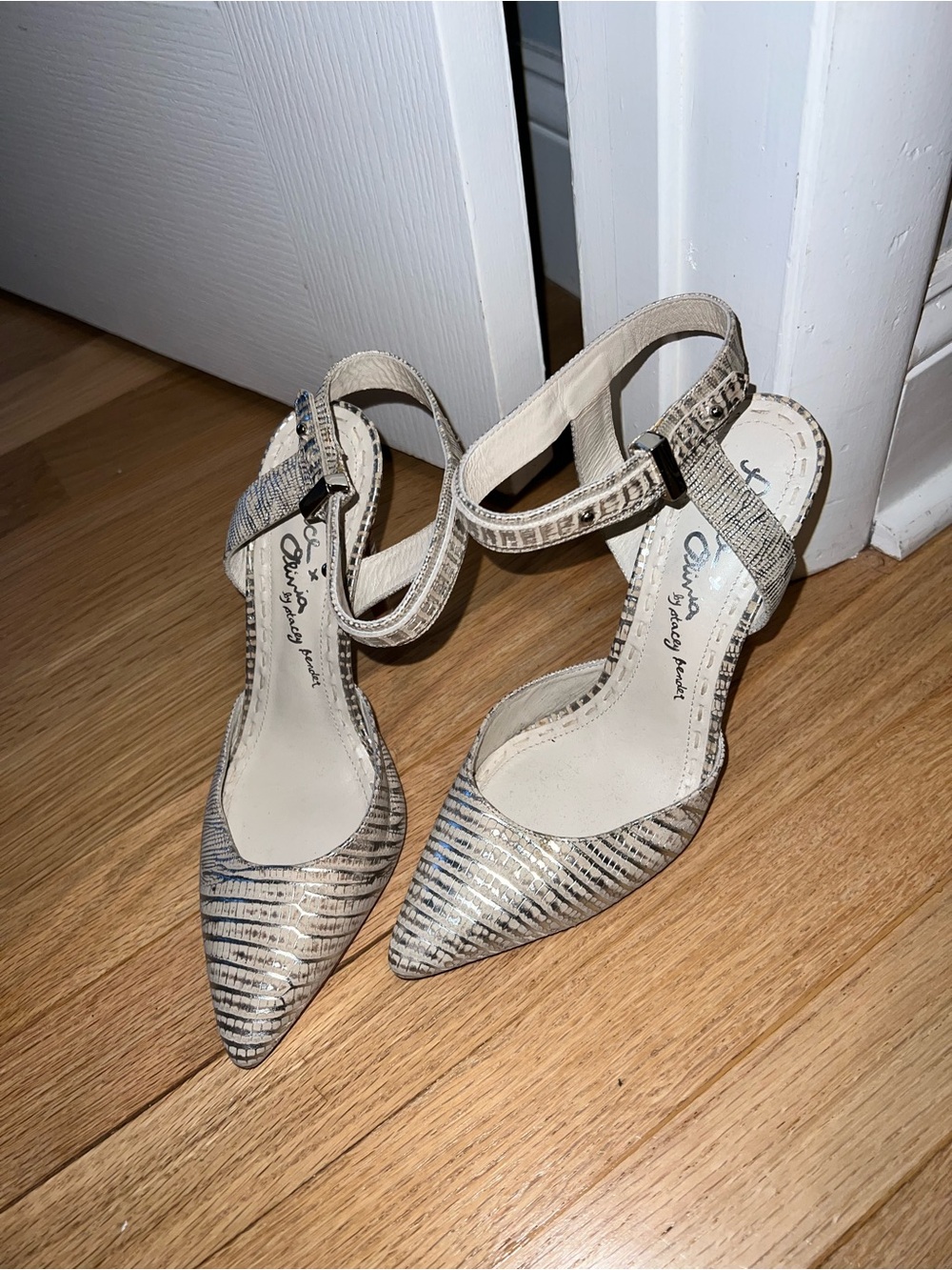 Alice + Olivia Metallic Beige Striped Pointed-Toe Ankle-Strap Pumps